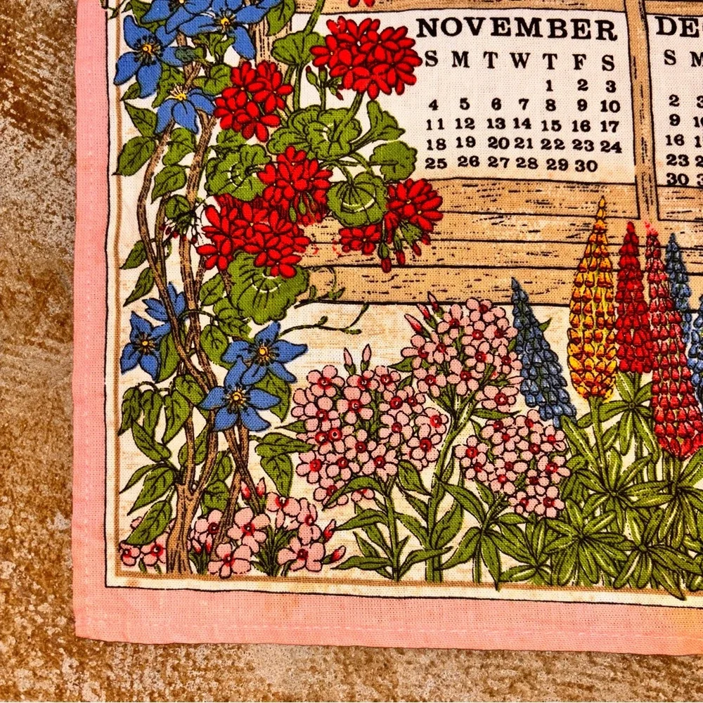 Vintage 1990 calendar months of the year tea towel pink border